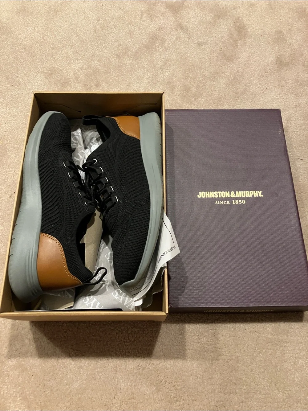 Johnston & Murphy Amherst Black Knit Sneakers with Brown Heel Accent